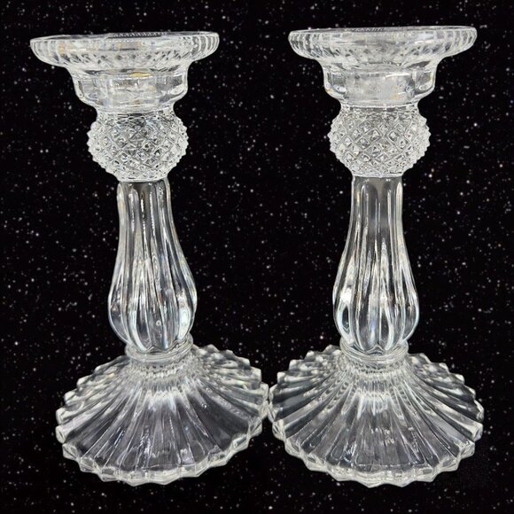 1980s Clear Crystal Diamond Point Candle Stick Holder Set 2 Candle Holder VTG - Picture 13 of 15